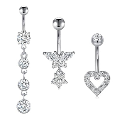 Silver Gold Belly Button Ring for Women Clicker Hoop Belly Rings Opal Navel Piercing Jewelry Dangle Hypoallergenic Surgical Steel Dainty Dangling Navel Rings for Women - color: F1-dangle-silver-3p