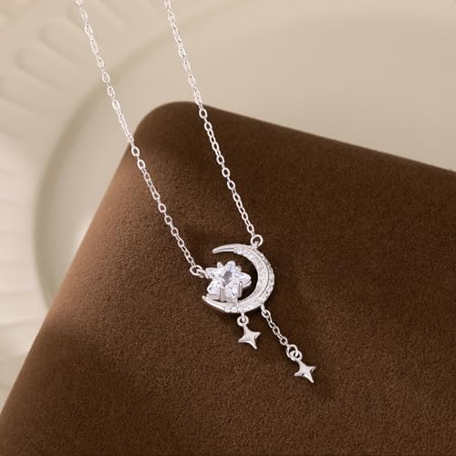 Reffeer Solid 925 Sterling Silver Moon Star Necklace for Women Teen Girls CZ Moon Choker Necklace Dainty Star Pendant Necklace - color: A-Silver