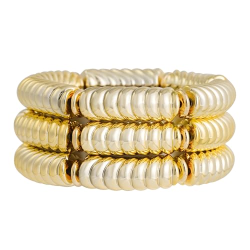 LALAPPLE Gold Plated Beaded Acrylic Bamboo Tube Bangle Bracelets for Women, Colorful Chunky Curved Tube With Gold Plated Pieces Beads Stretch Bracelet Friendship Summer Beach Jewelry - color: B-gold 3pcs(Chunky set)