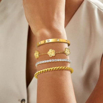 MOINSPIRE Gold Bracelets for Women, 18K Gold Plated Tennis Nail Clover love Bangle Bracelets Set Non Tarnish, Stainless Steel Trendy Stackable Bracelet Fashion Jewelry Accessories Gifts for Christmas - color: B1-Gold