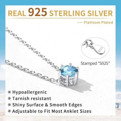 ChicSilver 925 Sterling Silver Anklets for Women, Simple Dainty Round/Heart Birthstone Ankle Bracelet Beach Foot Jewelry, 8.7-10.7 Inch Adjustable - color: 03. Round - March(Aquamarine)