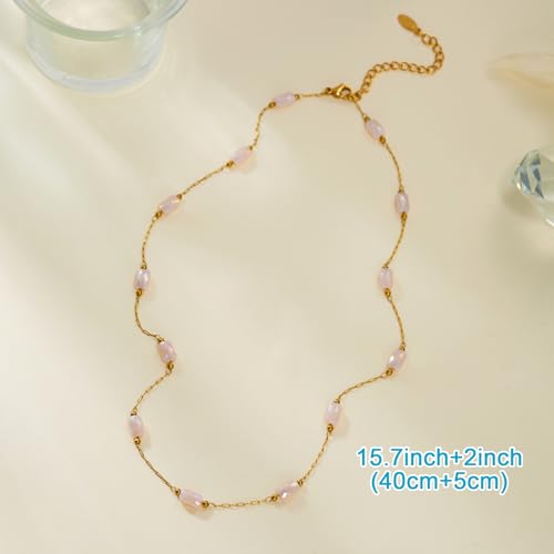 RINHOO Dainty Beaded Necklace for Women 18K Gold Plated Stainless Steel Colorful Blue Pink Choker Boho Choker Necklace Jewelry Gift for Women - color: Style 1-Pink