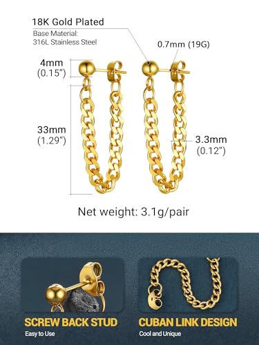 PROSTEEL Stainless Steel Huggie Hoop Earrings for Mens Gold/Black/Silver | Skull/Infinity Pattern, Spike/Cuban Links 4 Design Options Hypoallergenic Lightweight Earring Hip Hop Punk Gothic Jewelry - style: 07-Cuban Chain-Gold