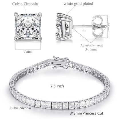 MDFUN 18K White Gold Plated Tennis Bracelet Stud Earrings Jewelry Set for Women and Men - style: 2 Pcs - Bracelet/Earrings