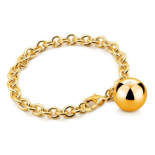 Dankadi Women 925 Sterling Silver Round Cable Wire Link Bracelet Charm Heart-Bell-Square-Circle Pendant Chain Bangle Fine Jewelry Gift For Wife Her - color: 6MM Gold Bell Pendant, size: 8 in