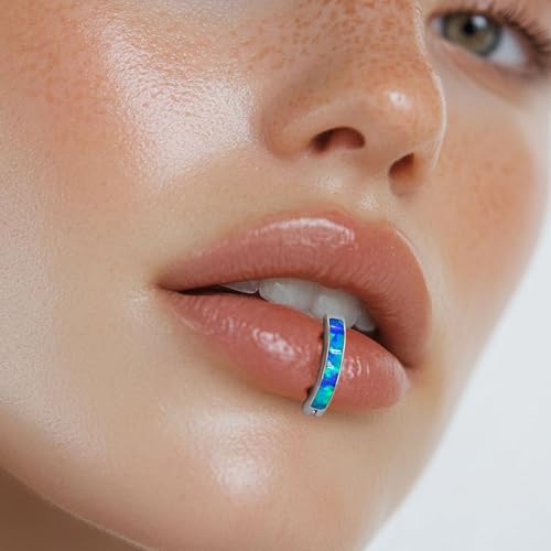 16G Labret Stud, G23 Titanium Vertical Labret Lip Piercing Jewelry, Gold Eyebrow Ring Clicker Belly Button Ring Hoop For Women Men - color: Silver, size: 8mm Blue Opal