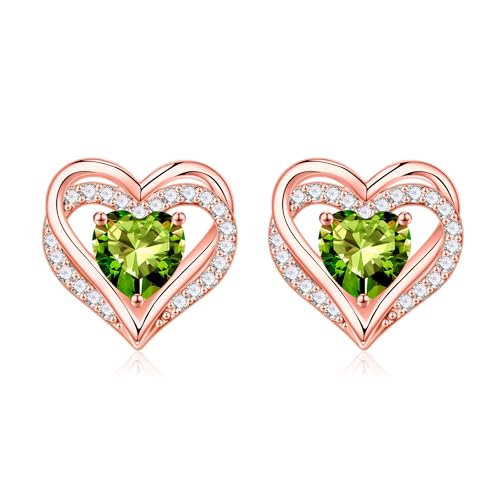 Iefil Birthstone Earrings for Women - 925 Sterling Silver Heart Stud Earrings Birthday Gifts for Women - color: Rose-Gold-Plated-08-Aug-Created Peridot