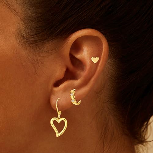 14K Gold Plated Heart Earrings for Women, Heart/Flower/Bow/Pearl Earrings Drop Stud Huggie Hoop Earring Hypoallergenic Earrings Christmas Earrings Festival Party Jewelry Gifts for Women - color: Gold-Heart