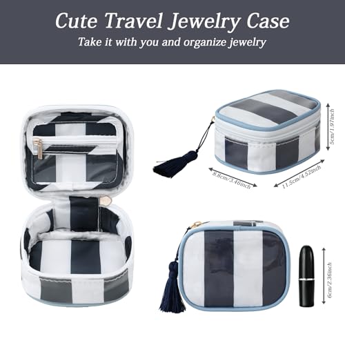 Travel Jewelry Case, White and Navy | Clear Coated, Stripe, Tassels, Mini Storage Box for Ring,Necklace,Bracelet,Gift - color: White+Navy