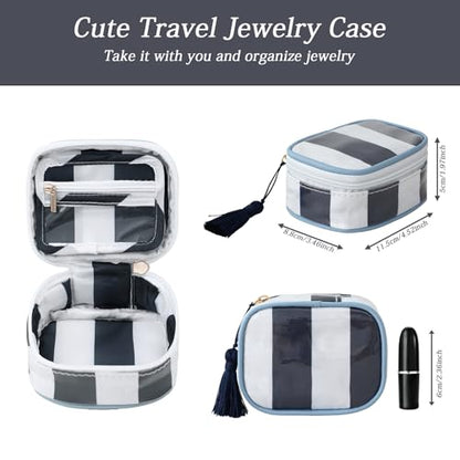 Travel Jewelry Case, White and Navy | Clear Coated, Stripe, Tassels, Mini Storage Box for Ring,Necklace,Bracelet,Gift - color: White+Navy