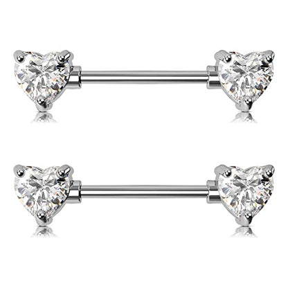 OUFER 2PCS 14G Surgical Steel Nipple Rings Barbell Heart CZ Nipple Rings Piercing for Women nippleshield Piercing Body Piercing - color: White