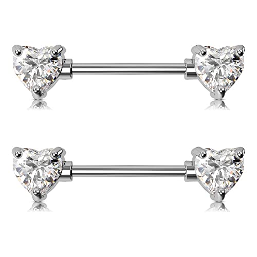 OUFER 2PCS 14G Surgical Steel Nipple Rings Barbell Heart CZ Nipple Rings Piercing for Women nippleshield Piercing Body Piercing - color: White