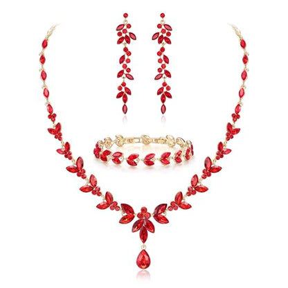EVER FAITH Marquise Crystal Leaf Bridal Prom Jewelry Set for Women Bride | Rhinestone Wedding Party Necklace Dangle Earrings Tennis Bracelet, for Bridesmaid - color: Red Gold-Plated-Base