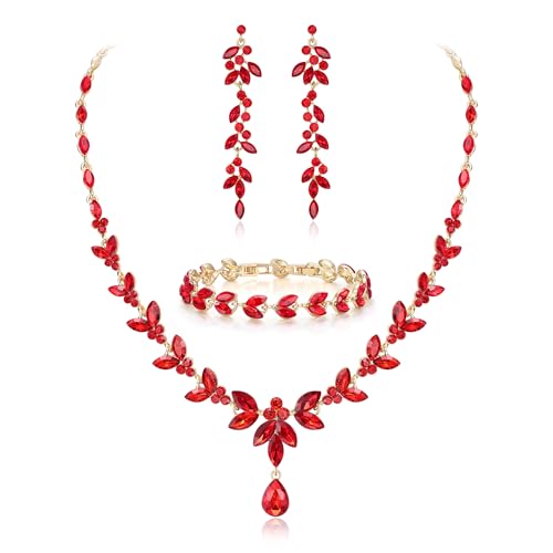 EVER FAITH Marquise Crystal Leaf Bridal Prom Jewelry Set for Women Bride | Rhinestone Wedding Party Necklace Dangle Earrings Tennis Bracelet, for Bridesmaid - color: Red Gold-Plated-Base