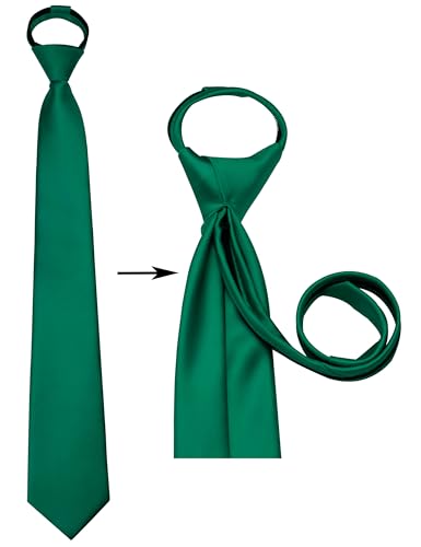 Branduce 3.15"（8cm） Mens Solid Satin Tie Pre-tied Adjustable Zipper Necktie for Business and Wedding - color: Emerald Green
