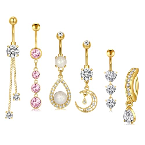 QWALIT Belly Button Rings 14G Surgical Steel Belly Rings CZ Opal Navel Piercing Jewelry for Women Girls 3/8" 10mm Silver Rose Gold - color: C4-6 dangles -gold