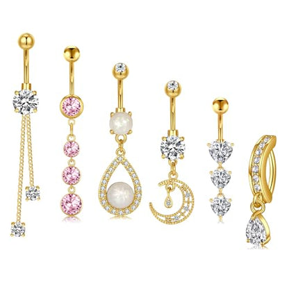 QWALIT Belly Button Rings 14G Surgical Steel Belly Rings CZ Opal Navel Piercing Jewelry for Women Girls 3/8" 10mm Silver Rose Gold - color: C4-6 dangles -gold