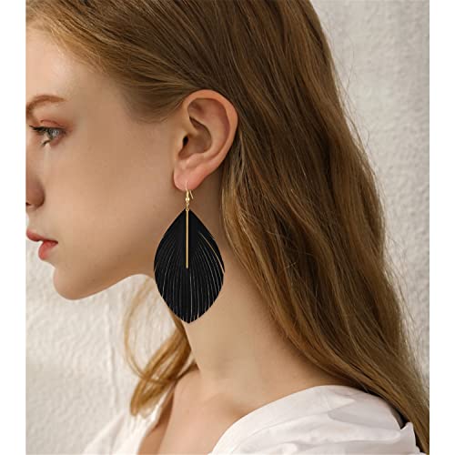 Bohemian Handmade Lightweight Color Large Genuine Soft Leather Fringe Feather Leaf Tear Dangle Drop Earrings for Women Statement - color: Black
