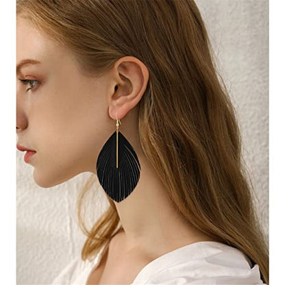 Bohemian Handmade Lightweight Color Large Genuine Soft Leather Fringe Feather Leaf Tear Dangle Drop Earrings for Women Statement - color: Black
