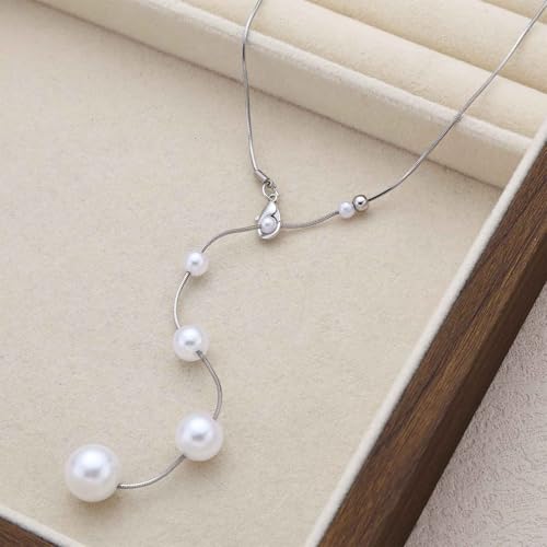 Vintage Pearl Y Lariat Necklace Minimal Pearl Pendent Necklace Silver Snake Chain Necklaces Long Pearls Drop Necklaces Round Beads Choker Wedding Bridal Jewelry for Women