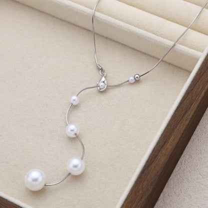 Vintage Pearl Y Lariat Necklace Minimal Pearl Pendent Necklace Silver Snake Chain Necklaces Long Pearls Drop Necklaces Round Beads Choker Wedding Bridal Jewelry for Women