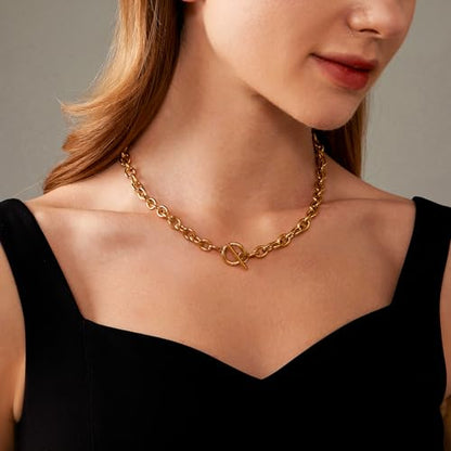 18K Gold Plated Chunky Chain Necklace for Women Dainty Cuban Paperclip Chain Toggle Bar Clasp Necklace Thick Trendy Layering Gold Chain Link Stainless Steel Jewelry - style: Chunky Toggle-Gold