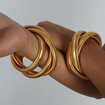 Gold Chunky Stretch Snake Chain Bangle Bracelets Stack for Women Trendy, 18K Gold Filled Stainless Steel Stretchy Womens Stackable Wristband Bangles Bracelet Set - style: TWISTED 2PCS Gold-plated&SILVER