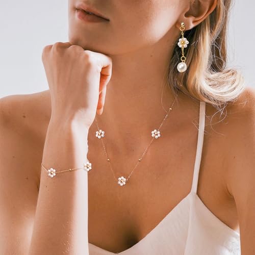 Pearl Jewelry Set for Women Pearl Necklace and Earring Set Bridal Jewelry Set for Wedding Elegant Pearl Jewelry - color: B0:Gold Pearl Flower Set
