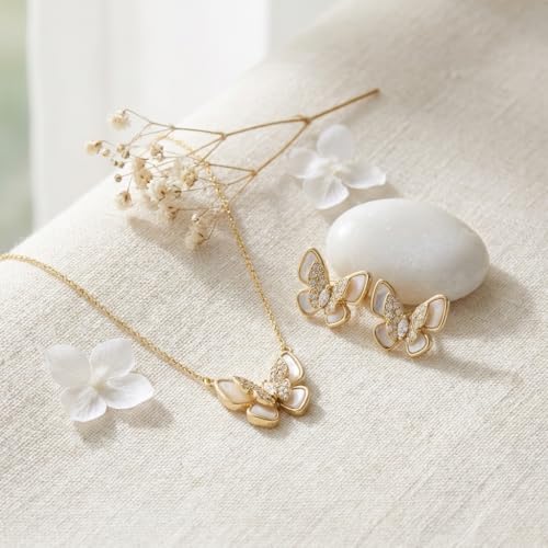Gold Silver Stud Earrings Pendent Necklace Sets for Women, Dainty Rhinestone Crystal Necklace Earing Jewelry Set Wedding Accessories Fashion Holiday Gift - color: Butterfly earring necklace