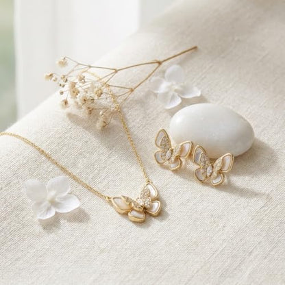 Gold Silver Stud Earrings Pendent Necklace Sets for Women, Dainty Rhinestone Crystal Necklace Earing Jewelry Set Wedding Accessories Fashion Holiday Gift - color: Butterfly earring necklace