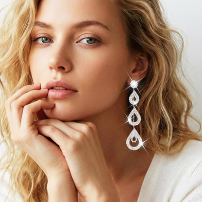 Catery Long Rhinestone Earrings Silver Pageant Earrings Dangling for Women Wedding - color: Silver