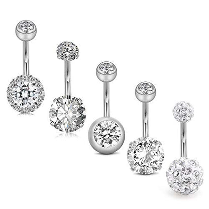 Belly Button Rings Stainless Steel 14G CZ Opal Navel Rings Barbells Women Girls Belly Piercing Jewelry - color: Silver color-Style E: 5 PCS