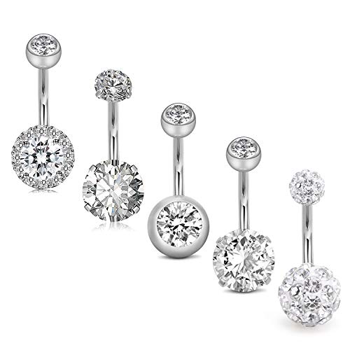 Belly Button Rings Stainless Steel 14G CZ Opal Navel Rings Barbells Women Girls Belly Piercing Jewelry - color: Silver color-Style E: 5 PCS