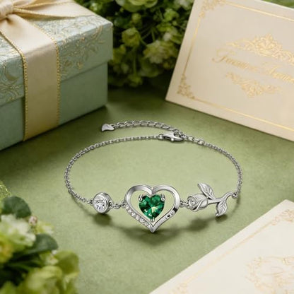 1CT Rose Heart Birthstone Bracelet for Women Love Gift - style: 05-May Emerald Silver