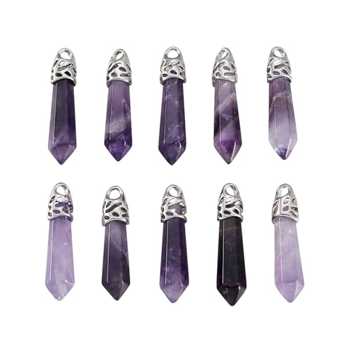12Pcs Amethyst Bullet Shape Gemstone Pendants Hexagonal Chakra Crystal Pointed Quartz Charms with Platinum Alloy Loop 33~40x8~9mm for Necklace Earring Bracelet Making - color: 1-Bullet-Purple Amethyst