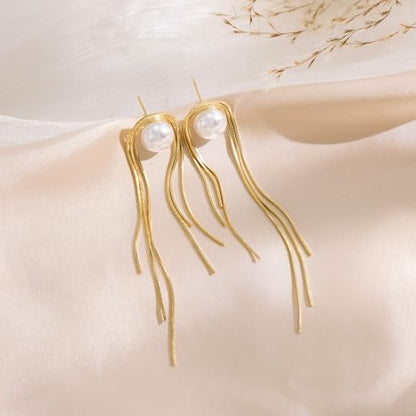 Robaice 14K Gold Plated Dangle Earrings for Women, Long Drop Earrings | Dainty Tassel Earrings Trendy, Hypoallergenic Dangling Lip Block Snake Chain, Threader Earrings for Women, Jewelry Gifts - color: Gold 2