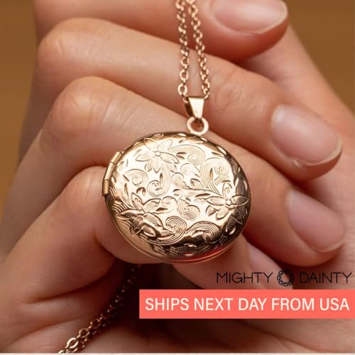 Locket Necklace for Women Girls, 18” Jewelry Chain, Picture Photo Inside, Cadenas para mujer, Personalized Custom Name Gold Locket, Customized Couples Locket, Silver, Rose Gold, Gold - color: Rose Gold, style: 2 Photos Necklace