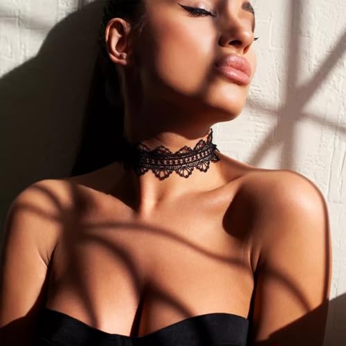 Lace Ribbon Choker Necklace for Women | Adjustable Choker Necklace Charm Statement Hollow Ribbon Collarbone Necklace Striking Gothic Prom Jewelry Gifts - color: Black