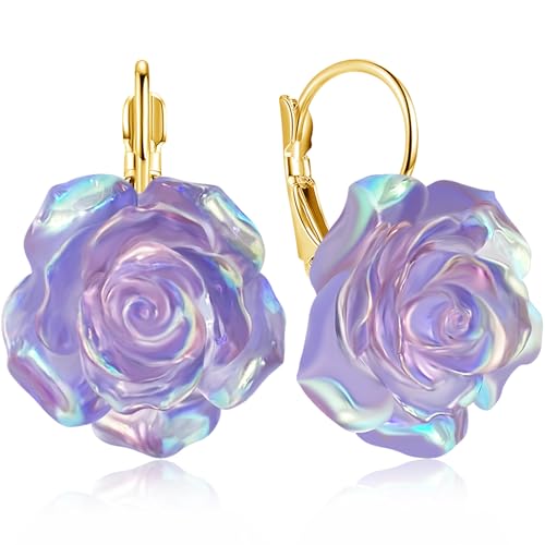 Handmade Bohemian Aesthetic Dainty Acrylic Flower Petal Leverback Earrings Sparkly 14K Gold Floral Dangle Drop Earrings for Women - color: Purple