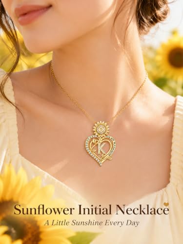 14K Gold Sunflower Initial Necklaces for Women | Heart Letter Pendant You Are My Sunshine Jewelry Gifts - style: K