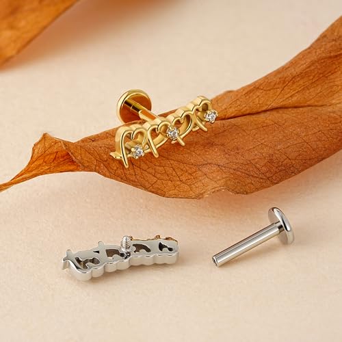 Hollow Heart Piercing Jewelry Collection - ASTM F136 Titanium Internally Threaded Flat Back Stud for Cartilage, Helix, Conch - color: Soldered Heart - Tit