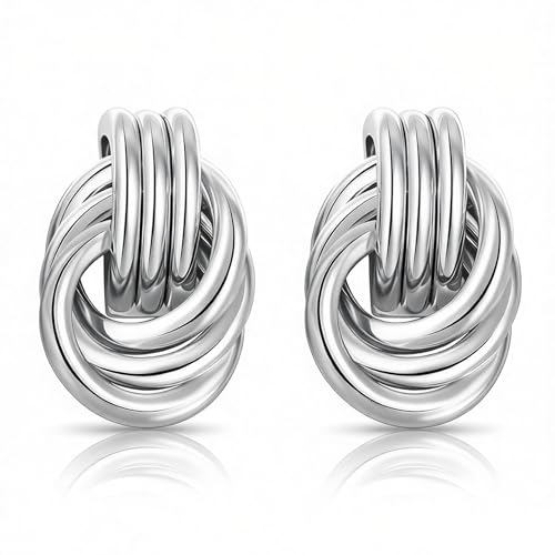 Gold Statement Earrings For Women, 14K Gold Plated Textured Geometric Drop Earrings - Hypoallergenic Stainless Steel Statement Earrings for Women, Waterproof Fan-Shaped Dangle Earrings for Beach & Daily Wear - color: Knot Silver YE03S