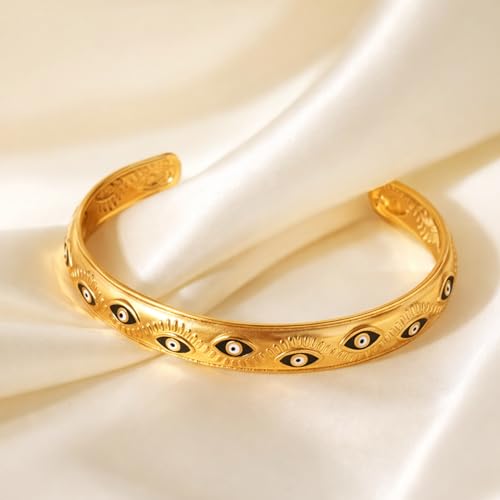 Evil Eye Cuff Bracelet for Women - 18K Gold Plated Enamel Adjustable Open Eye Bangle - Protection Jewelry - Boho Waterproof Anti-tarnish Bracelet Gift