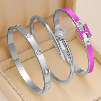 3Pcs Gold Bracelets for Women 14K Gold Plated Love/H/Nail Bangle Bracelet Dainty Non Tarnish Bracelet Jewelry Christmas Mothers Day Gifts for Women - color: 3Pcs Silver/Purple H bracelet