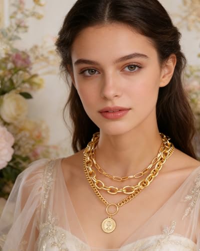 Gold Layered Necklaces for Women Chunky Layered Gold Necklaces Stacked Paperclip Chain Pearl Necklace Herringbone Toggle Clasp Choker Trendy Statement Jewelry Gifts - color: B8:gold stack necklaces