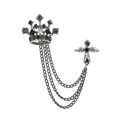 Collar Chain Pin for Men and Women - Hanging Tassel Brooch Lapel Pin for Business Suits - Bar Pin With Long Chain - Gifts - color: H: crown black