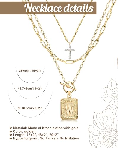 MJartoria Layered Initial Necklaces for Women Trendy, 14K Gold Plated Brass Simple Dainty Cross Choker Square Letter Pendant Necklace, Paperclip Chain Necklaces Jewelry - color: Gold, style: W