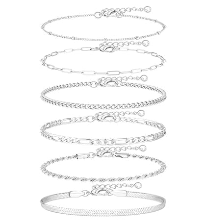 Besteel Ankle Bracelets for Women Waterproof 14K Gold Plated Anklets Set | Non Tarnish Stainless Steel, Plus Size Adjustable 8-12 Inch, Hypoallergenic Layered Cuban Link Chain Summer Foot Jewelry Gift - style: 6 Pcs Silver Cuban-8.5+2.5 Inch