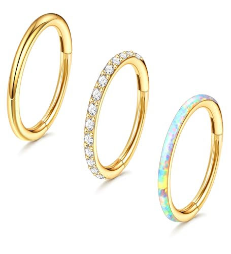 3pcs Nose Rings Hoops - 316L Surgical Steel Hinged Nose Hoops 16G/18G/20G CZ Clicker Septum Nose Ring Lip Helix Cartilage Hoop Earring Daith Rook Conch Body Piercing Jewelry for Women Men 8mm 10mm - color: Gold, size: 18 gauge(1.0mm)-10mm