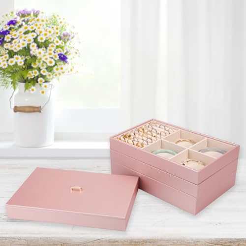 Voova Stackable Jewelry Organizer Tray with Lid (Set of 4, Rose Gold) | Stackable PU leather jewelry trays with drawer inserts for earrings, rings, necklaces, bracelets and watches; set of 4 - color: Rose Gold